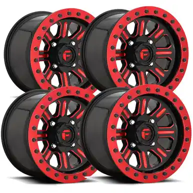 Professional Grade (Set of 4) Staggered-Fuel D911 Hardline Beadlock 15" 4x156 Black/Red Wheels Rims D9111570A554-D9111500A564
