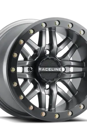 Big Sale Raceline A91G Ryno 14x7in/4x137 BP/10mm Offset/110.18mm Bore - Gunmetal & Black Ring Beadlock Wheel