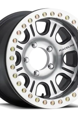 Exclusive Raceline RT232 Monster 17x8.5in/5x127 BP/-6mm Offset/83.82mm Bore - Black & Machined Beadlock Wheel