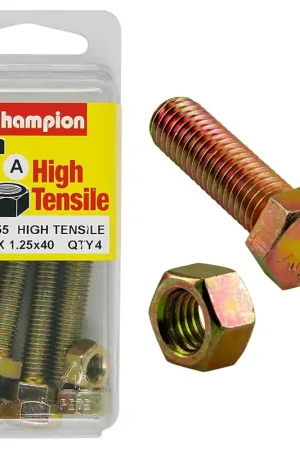 Best Choice Champion Pack of 4 (4x Hex Set Screws, 4x Nuts) M8 x 40mm High Tensile Grade 8.8, Zinc Plated- BM55