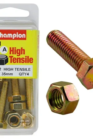 Best Seller Champion Pack of 4 (4x Hex Set Screws, 4x Nuts) M8 x 35mm High Tensile Grade 8.8, Zinc Plated- BM52