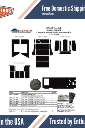 Insulation Sound Deadener Kit for 1973-87 Peterbilt Truck Acoustishield Complete Money Back Guarantee